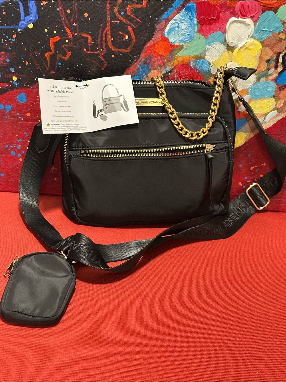 #6 Adrienne Vittadini Black Nylon Crossbody with Gold Chain Trim